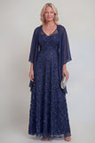 Navy Lace Floral A Line Sequins Long Mother of The Bride Dress with Jacket
