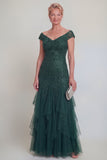 Dark Green Tulle Ruffled V-Neck Long Mother of The Bride Dress with Sleeves
