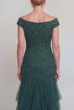 Dark Green Tulle Ruffled V-Neck Long Mother of The Bride Dress with Sleeves