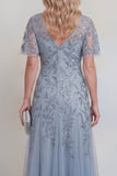 Grey Blue Tulle Floral Sequins V-Neck Long Mother of The Bride Dress with Sleeves