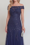 Navy Tulle Floral Sequins Off The Shoulder Long Mother of The Bride Dress