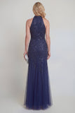 Navy Tulle Floral Sequins Halter Mermaid Long Mother of The Bride Dress