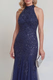 Navy Tulle Floral Sequins Halter Mermaid Long Mother of The Bride Dress