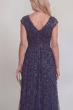 Navy Lace Floral Sequins A Line V-Neck Long Mother of The Bride Dress with Sleeves