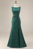Dark Green Floral Boat Neck Mermaid Long Mother of The Bride Dress with Slit
