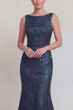 Dark Green Floral Boat Neck Mermaid Long Mother of The Bride Dress with Slit