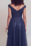 Navy Floral A Line Long Mothe of the Bride Dress