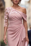Light Blue One Shoulder Sheath Ruched Long Mother Of the Bride Dress with 3D Flowers