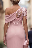 Light Blue One Shoulder Sheath Ruched Long Mother Of the Bride Dress with 3D Flowers