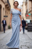 Light Blue One Shoulder Sheath Ruched Long Mother Of the Bride Dress with 3D Flowers