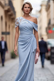 Light Blue One Shoulder Sheath Ruched Long Mother Of the Bride Dress with 3D Flowers
