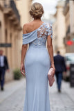 Light Blue One Shoulder Sheath Ruched Long Mother Of the Bride Dress with 3D Flowers