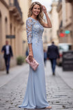 One Shoulder Light Blue Sheath Appliqued Floral Long Mother Of the Bride Dress