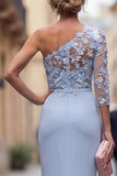 One Shoulder Light Blue Sheath Appliqued Floral Long Mother Of the Bride Dress