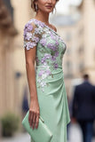 Green Sheath One Shoulder Appliqued Floral Long Mother Of the Bride Dress