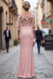 Blush Sheath Bateau Neck Floral Ruched Long Mother Of the Bride Dress with Appliques