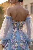 Light Blue Tulle Sweetheart A-Line Floral Appliqued Sweep Train Prom Dress with Slit