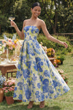 Blue Daffodil Flower A-Line Strapless Floral Printed Ruched Long Wedding Guest Dress