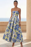 Blue Daffodil Flower A-Line Strapless Floral Printed Ruched Long Wedding Guest Dress