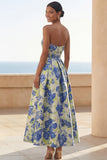 Blue Daffodil Flower A-Line Strapless Floral Printed Ruched Long Wedding Guest Dress