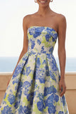 Blue Daffodil Flower A-Line Strapless Floral Printed Ruched Long Wedding Guest Dress