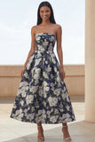 Blue Daffodil Flower A-Line Strapless Floral Printed Ruched Long Wedding Guest Dress