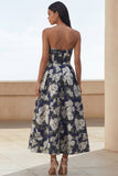 Blue Daffodil Flower A-Line Strapless Floral Printed Ruched Long Wedding Guest Dress