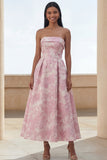 Blue Daffodil Flower A-Line Strapless Floral Printed Ruched Long Wedding Guest Dress