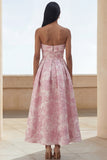 Blue Daffodil Flower A-Line Strapless Floral Printed Ruched Long Wedding Guest Dress