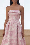 Blue Daffodil Flower A-Line Strapless Floral Printed Ruched Long Wedding Guest Dress