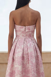Blue Daffodil Flower A-Line Strapless Floral Printed Ruched Long Wedding Guest Dress