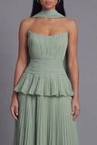 A-Line Dusty Sage Strapless Pleated Ruched Ruffled Midi Dress with Neck Scarf