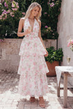Blue Pink Flower Halter Neck Tiered Ruched Long Floral Dress with Bow
