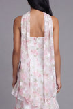 Chiffon White Pink Flower Strapless Sheath Ruffled Long Wedding Guest Dress with Neck Scarf