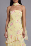 Chiffon White Pink Flower Strapless Sheath Ruffled Long Wedding Guest Dress with Neck Scarf