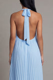 Halter Neck A-Line Sky Blue Pleated Maxi Dress with Bow