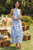 Halter Neck A-Line Sky Blue Pleated Maxi Dress with Bow
