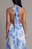 Halter Neck A-Line Sky Blue Pleated Maxi Dress with Bow