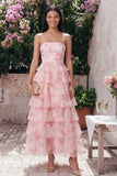 Pink Strapless A-Line Chiffon Tiered Floral Printed Long Wedding Guest Dress