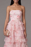 Pink Strapless A-Line Chiffon Tiered Floral Printed Long Wedding Guest Dress