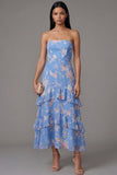 Chiffon Blue Sheath Strapless Tiered Floral Printed Long Wedding Guest Dress