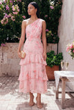 One Shoulder Chiffon Pink Ruched Tiered Floral Printed Long Wedding Guest Dress