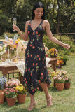 Black A-Line Chiffon V-Neck Printed Midi Floral Dress