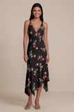 Black A-Line Chiffon V-Neck Printed Midi Floral Dress