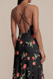 Black A-Line Chiffon V-Neck Printed Midi Floral Dress