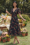 Chiffon A-Line Black Red Flower V-Neck Midi Wedding Guest Dress with Short Sleeves