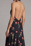 Halter Neck Chiffon Sheath Black Red Flower Printed Long Wedding Guest Dress
