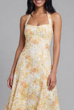 Lace Yellow Halter Neck Sheath Midi Floral with Bow
