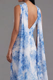 White Blue Flower V-Neck Sheath Long Chiffon Dress with Neck Scarf