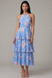 Chiffon Blue Pink Flower Halter Neck Tiered A-Line Floral Dress with Bow